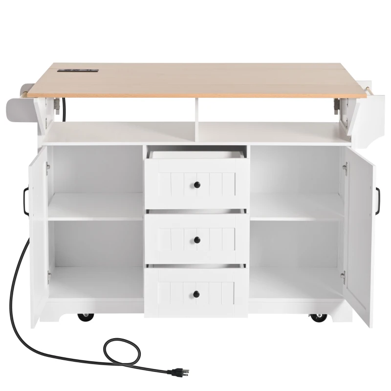 Kitchen Island with 2 Drop Leaves, 3 Drawers, Spice Rack, Power Outlet, Rolling Cart for Dining Room, Kitchen, 56" L x 33.5" W x 36.5" H, White