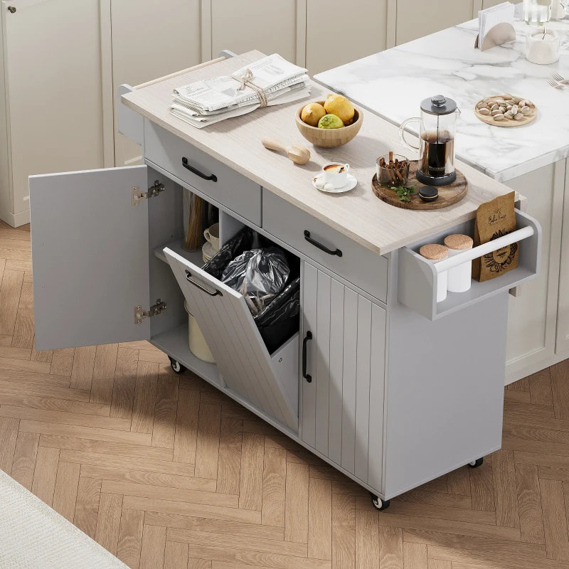 Kitchen Island with Trash Cabinet, Drawers and Shelves, Drop Leaf, Spice and Towel Rack, Rolling Cart for Kitchens, 51" L x 20" W x 35" H, Grey