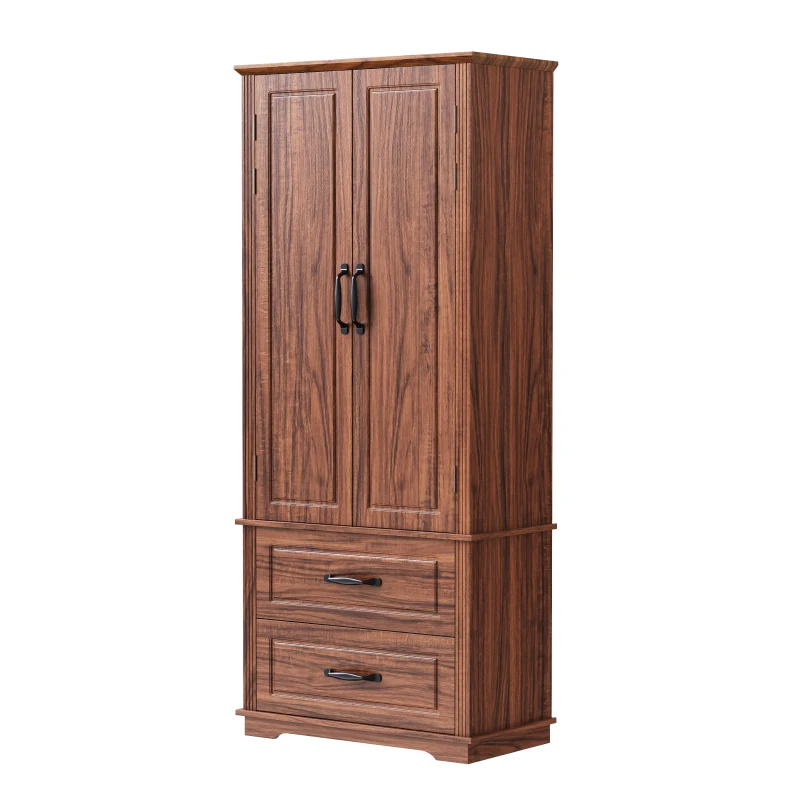 Pantry Cabinet with 8 Door Shelves, 2 Large Drawers, Embossed Texture, Farmhouse Style Kitchen Cupboard, 30.5" L x 16" W x 71" H, Brown