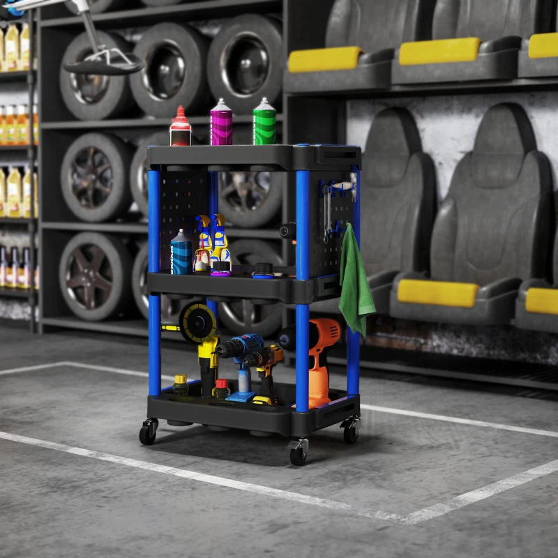 HOMCOM 3-Tier Rolling Tool Cart, 200 LBS Capacity Plastic Utility Cart with Side Shelves for Garage Workshop, Black & Dark Blue