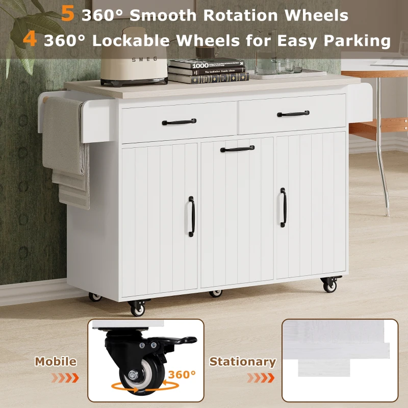 Rolling Cart with Tilt-Out Trash Cabinet, Spice and Towel Rack, Adjustable Shelf, Kitchen Island with Drop Leaf, 51" L x 20" W x 35" H, White