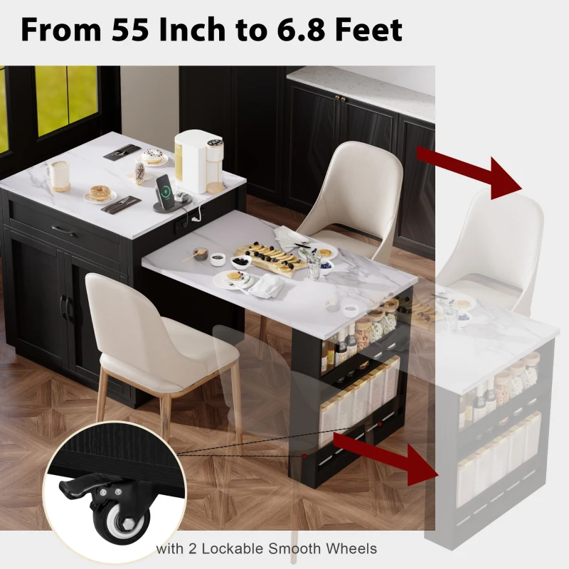 Kitchen Island with Extendable Dining Table, Drawers and Shelves, Power Outlet, Central Island for Kitchen, 83" L x 27.5" W x 36" H, Black+White