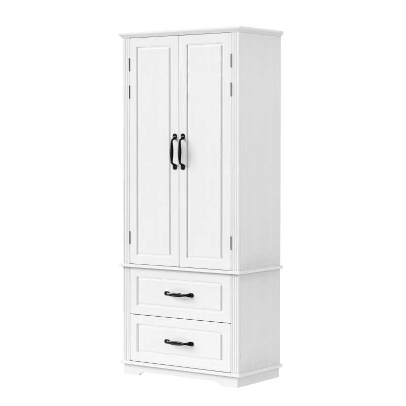 Pantry Cabinet with 2 Large Drawers, 8 Door Shelves, Embossed Texture, Farmhouse Style Kitchen Cupboard, 30.5" L x 16" W x 71" H, White