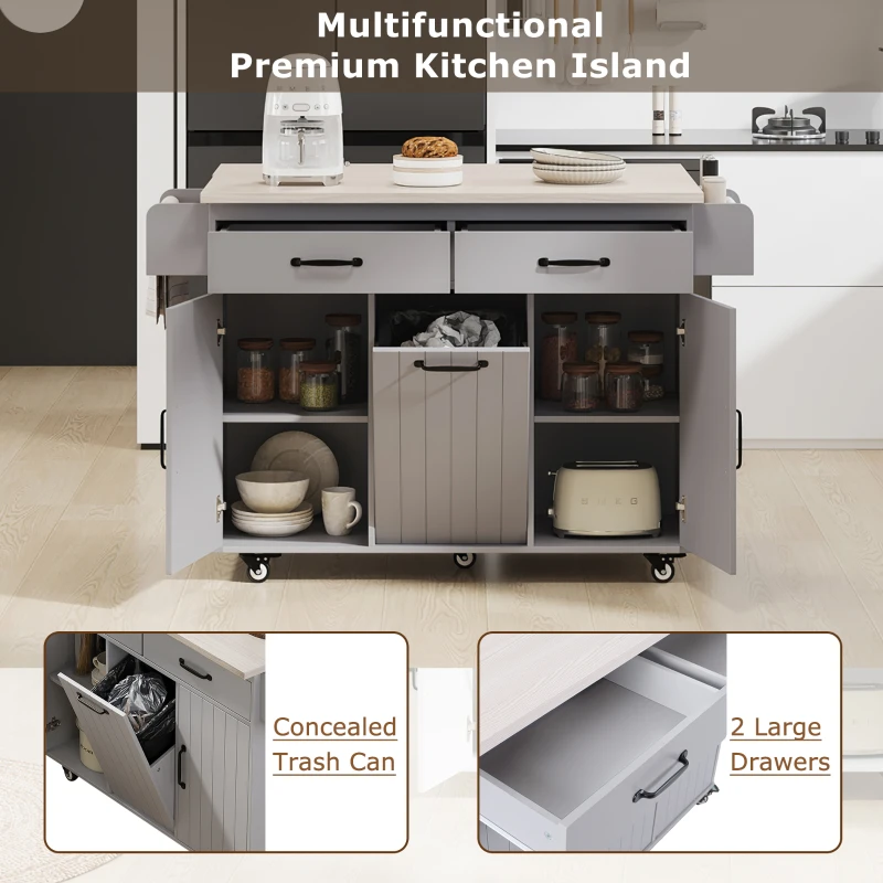 Kitchen Island with Trash Cabinet, Drawers and Shelves, Drop Leaf, Spice and Towel Rack, Rolling Cart for Kitchens, 51" L x 20" W x 35" H, Grey