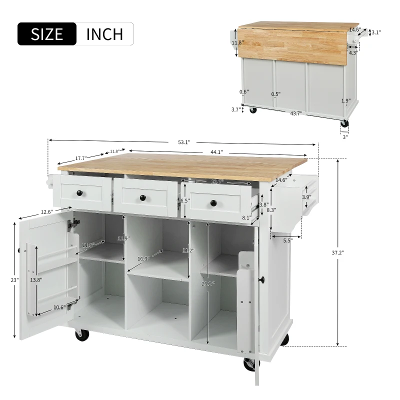 Kitchen Island with 3 Drawers, Rubber Wood Drop-Leaf Countertop, Adjustable Shelves, Rolling Cart for Kitchens, 53" L x 29.5" W x 37" H, White