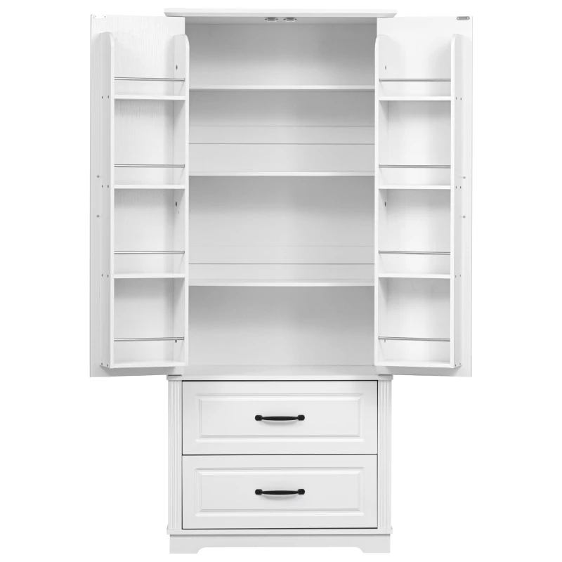 Pantry Cabinet with 2 Large Drawers, 8 Door Shelves, Embossed Texture, Farmhouse Style Kitchen Cupboard, 30.5" L x 16" W x 71" H, White