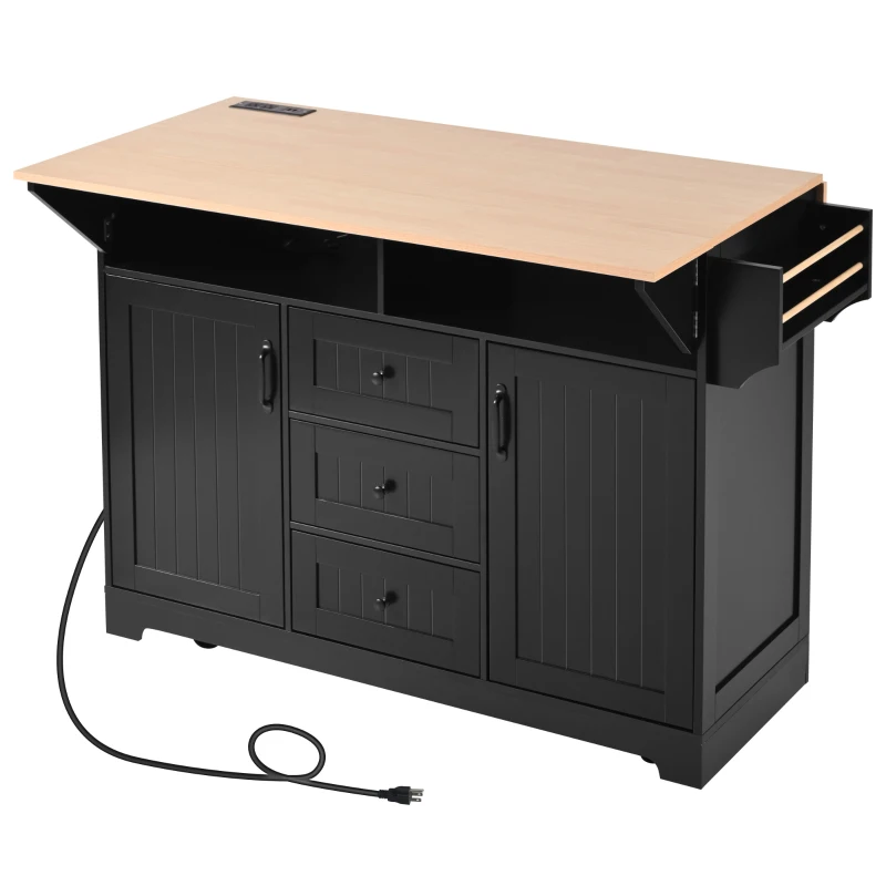Kitchen Island with 3 Drawers, 2 Drop Leaves, Power Outlet, Spice Rack, Rolling Cart for Kitchen, Dining Room, 56" L x 33.5" W x 36.5" H, Black