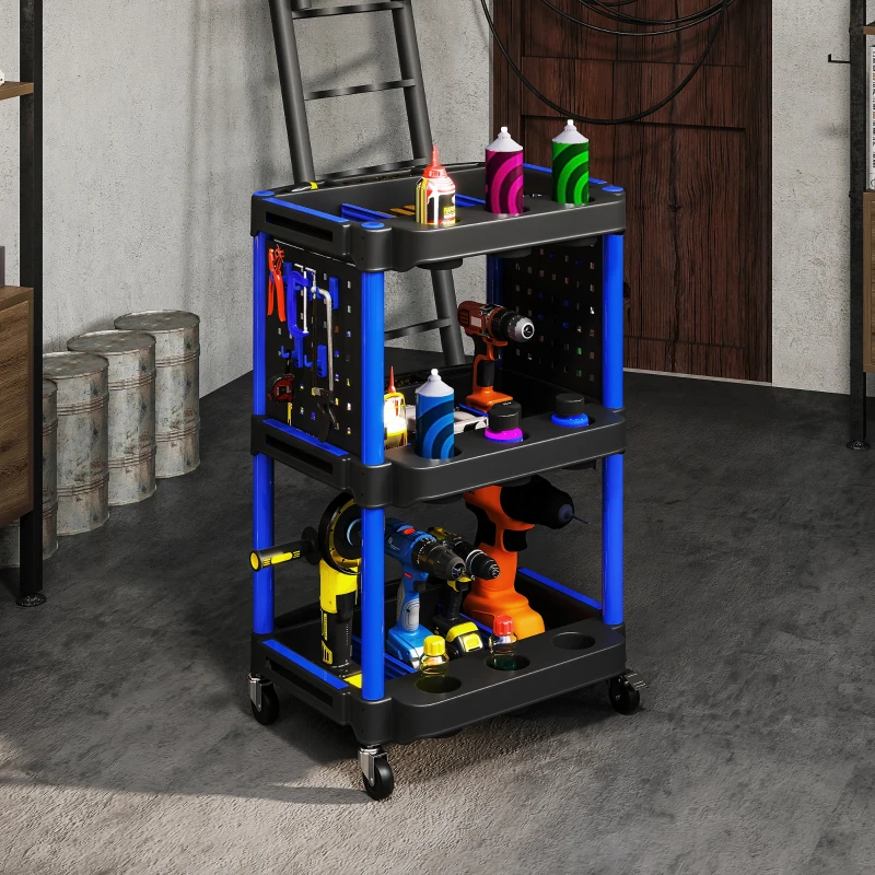 HOMCOM 3-Tier Rolling Tool Cart, 200 LBS Capacity Plastic Utility Cart with Side Shelves for Garage Workshop, Black & Dark Blue