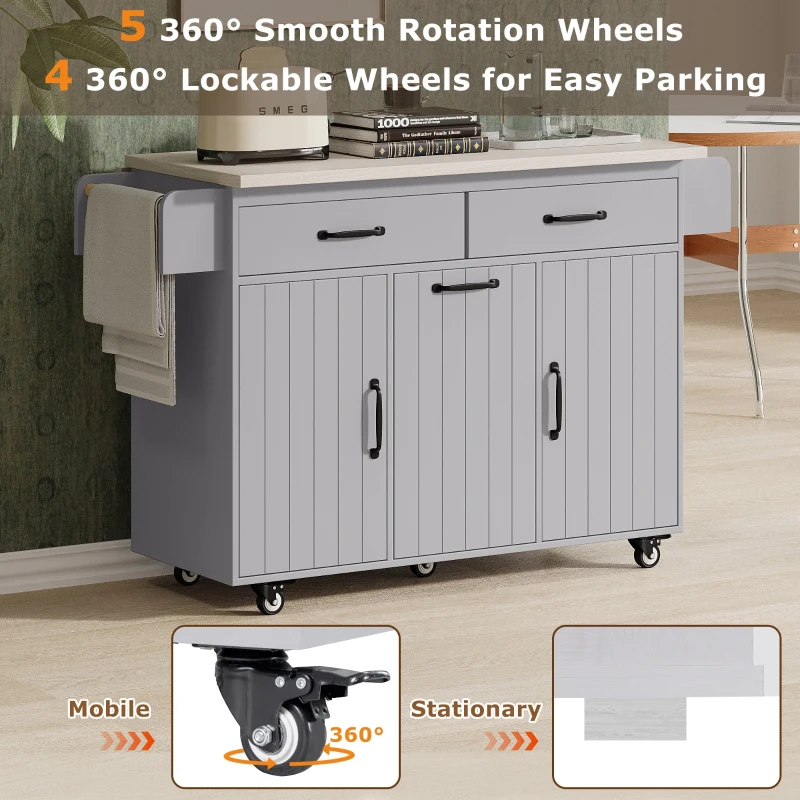 Kitchen Island with Trash Cabinet, Drawers and Shelves, Drop Leaf, Spice and Towel Rack, Rolling Cart for Kitchens, 51" L x 20" W x 35" H, Grey