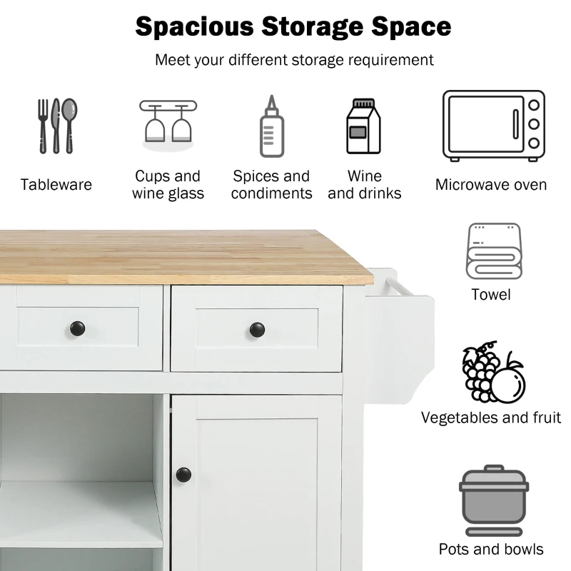 Kitchen Island with 3 Drawers, Rubber Wood Drop-Leaf Countertop, Adjustable Shelves, Rolling Cart for Kitchens, 53" L x 29.5" W x 37" H, White