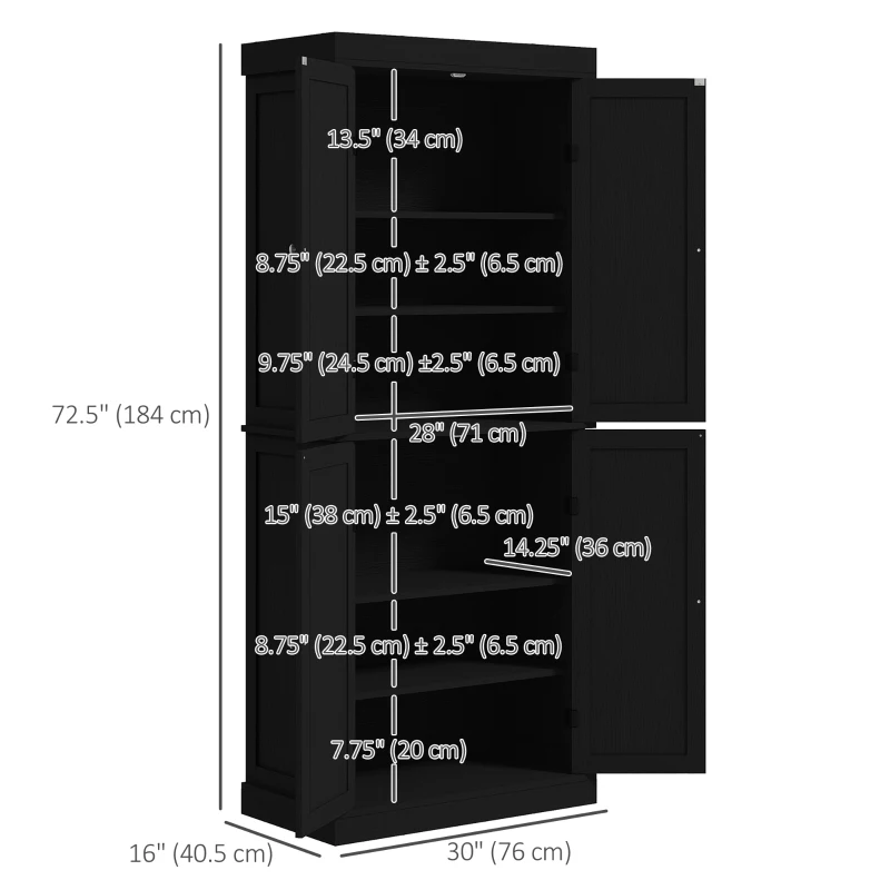 HOMCOM 72.5" Freestanding Kitchen Pantry Cabinet with 4 Doors, Black