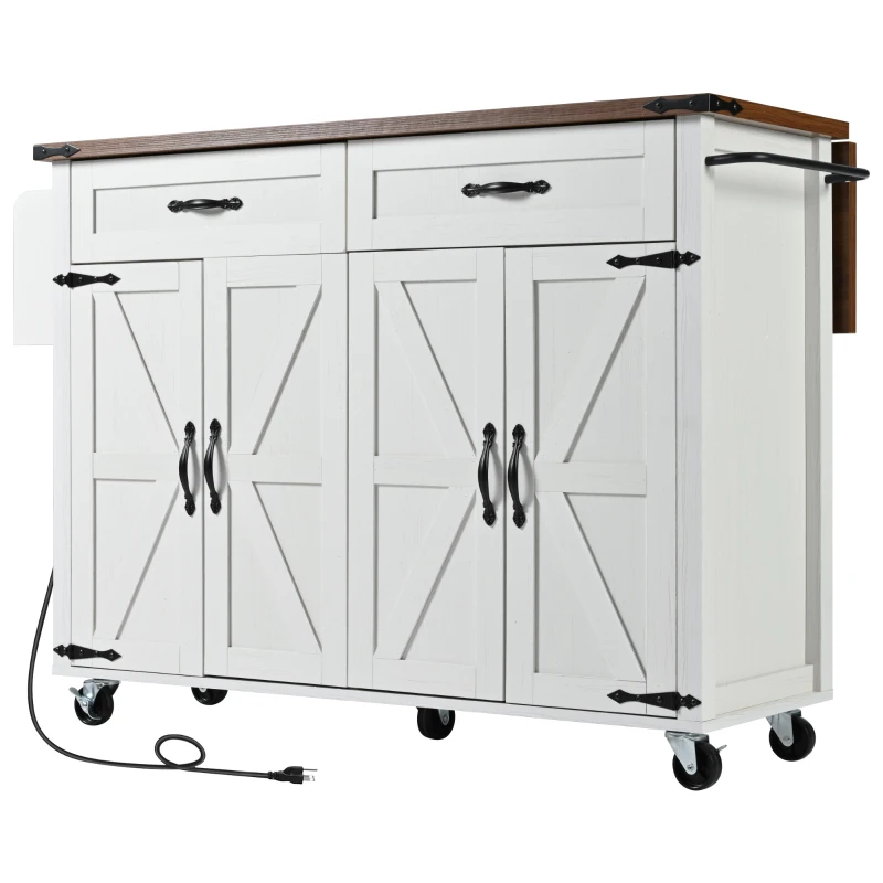 Farmhouse Style Kitchen Island with Power Outlet, Drop Leaf, Spice Rack, Rolling Car with Storage Drawers, 53.5" L x 29" W x 36.5" H, White