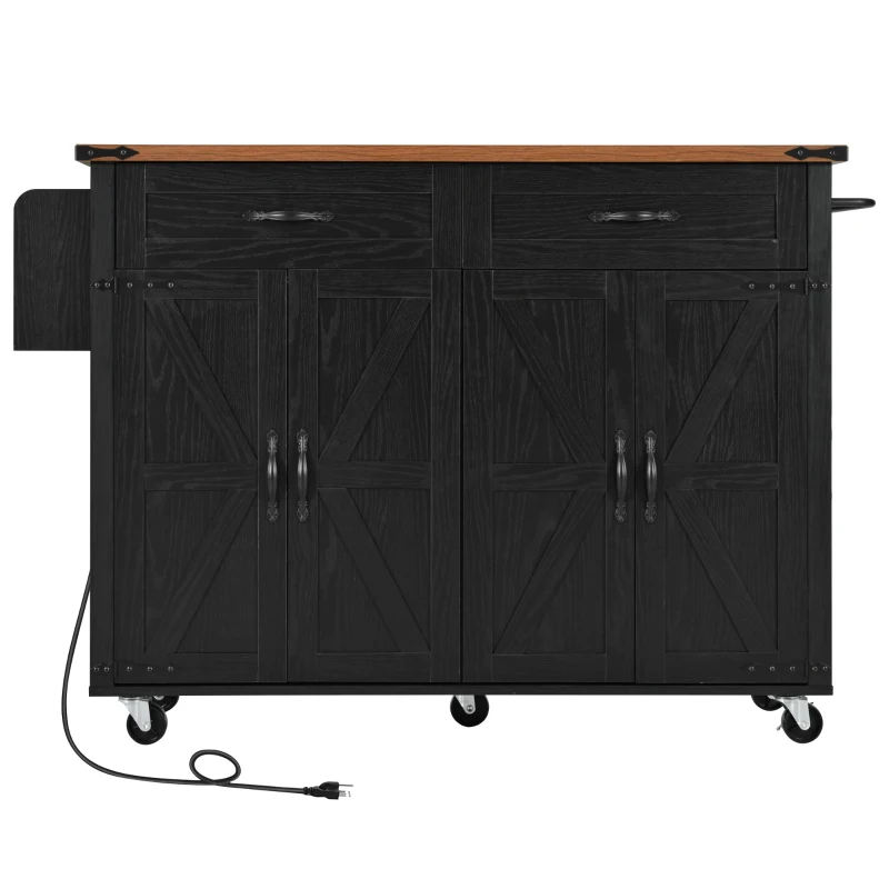Farmhouse Kitchen Island with Spice Rack, Storage Drawers, Power Outlet, Rolling Car with Drop Leaf, 53.5" L x 29" W x 36.5" H, Black