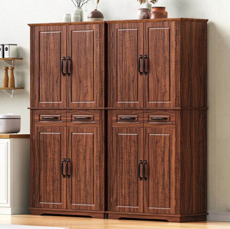 Pantry Cabinet with 6 Door Shelves, 3 Pull-Out Organizers, 2 Drawers, Kitchen Cupboard with Embossed Texture, 31.5" L x 16" W x 72" H, Brown