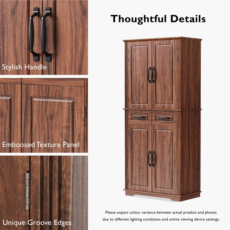 Pantry Cabinet with 6 Door Shelves, 3 Pull-Out Organizers, 2 Drawers, Kitchen Cupboard with Embossed Texture, 31.5" L x 16" W x 72" H, Brown
