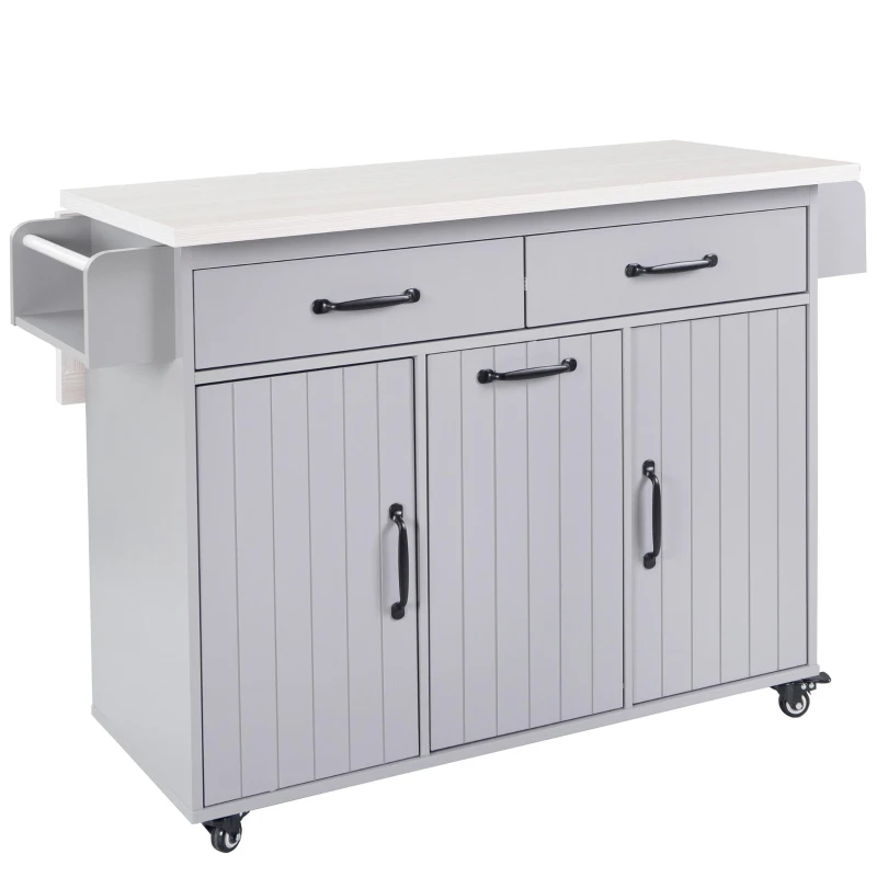 Kitchen Island with Trash Cabinet, Drawers and Shelves, Drop Leaf, Spice and Towel Rack, Rolling Cart for Kitchens, 51" L x 20" W x 35" H, Grey