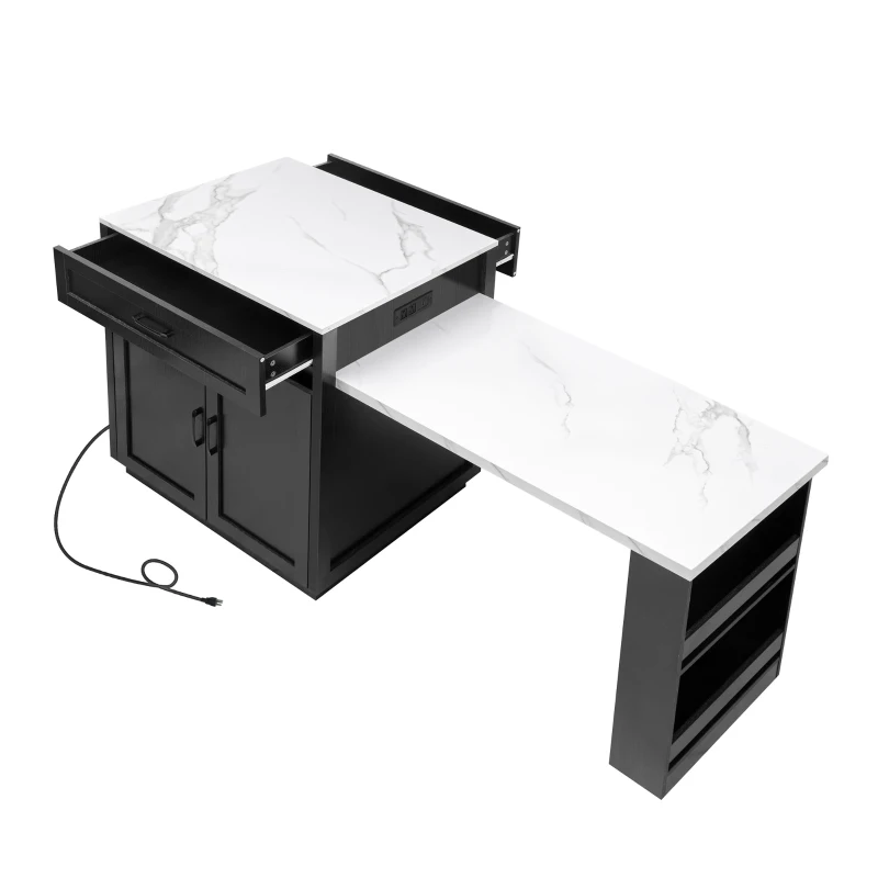 Kitchen Island with Extendable Dining Table, Drawers and Shelves, Power Outlet, Central Island for Kitchen, 83" L x 27.5" W x 36" H, Black+White