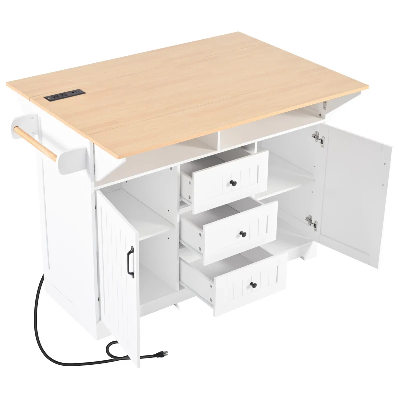 Kitchen Island with 2 Drop Leaves, 3 Drawers, Spice Rack, Power Outlet, Rolling Cart for Dining Room, Kitchen, 56" L x 33.5" W x 36.5" H, White
