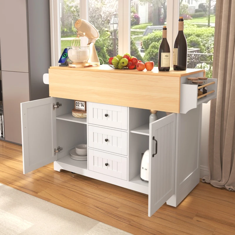 Kitchen Island with 2 Drop Leaves, 3 Drawers, Spice Rack, Power Outlet, Rolling Cart for Dining Room, Kitchen, 56" L x 33.5" W x 36.5" H, White