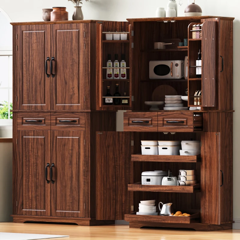 Pantry Cabinet with 6 Door Shelves, 3 Pull-Out Organizers, 2 Drawers, Kitchen Cupboard with Embossed Texture, 31.5" L x 16" W x 72" H, Brown