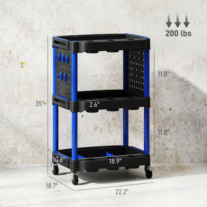 HOMCOM 3-Tier Rolling Tool Cart, 200 LBS Capacity Plastic Utility Cart with Side Shelves for Garage Workshop, Black & Dark Blue
