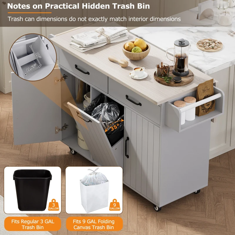 Kitchen Island with Trash Cabinet, Drawers and Shelves, Drop Leaf, Spice and Towel Rack, Rolling Cart for Kitchens, 51" L x 20" W x 35" H, Grey