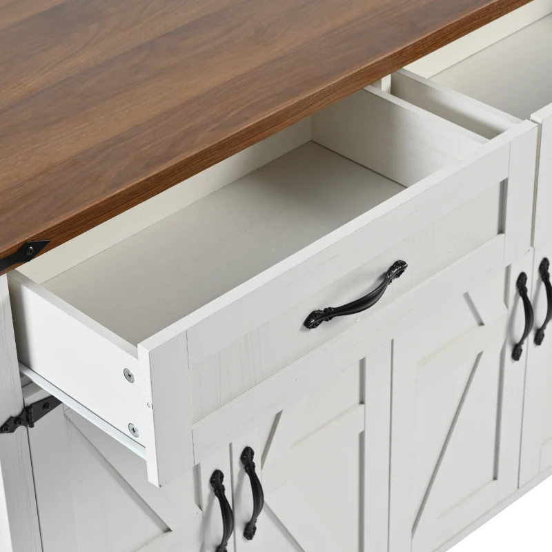 Farmhouse Style Kitchen Island with Power Outlet, Drop Leaf, Spice Rack, Rolling Car with Storage Drawers, 53.5" L x 29" W x 36.5" H, White