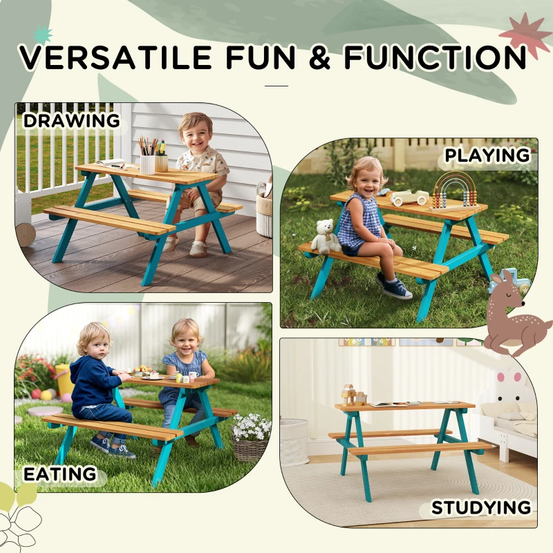 Outsunny Kids Outdoor Table Set Wooden Toddler Picnic Table & Benches for 4 Kids 3-8 Years Old, Easy Installation, Natural Wood