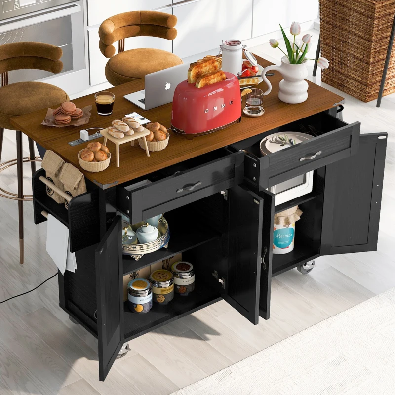 Farmhouse Kitchen Island with Spice Rack, Storage Drawers, Power Outlet, Rolling Car with Drop Leaf, 53.5" L x 29" W x 36.5" H, Black