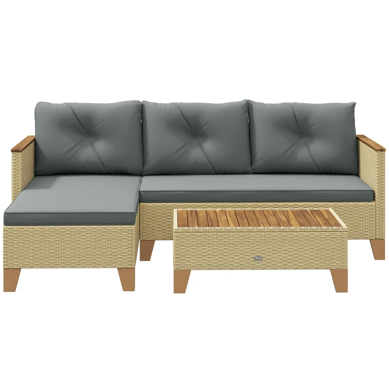 Outsunny 3 Piece Patio Furniture Set, L-Shaped Outdoor Furniture Conversation Set with Wood Top Coffee Table, Light Grey