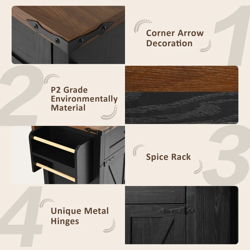 Farmhouse Kitchen Island with Spice Rack, Storage Drawers, Power Outlet, Rolling Car with Drop Leaf, 53.5" L x 29" W x 36.5" H, Black