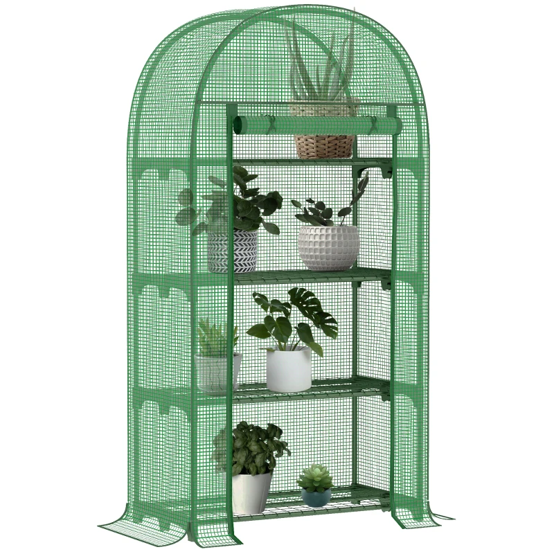 Outsunny Outdoor Mini Greenhouse, Portable Green House with Storage Shelves, Zippered Door, PE Cover, 31.5" x 19.3" x 63", Green