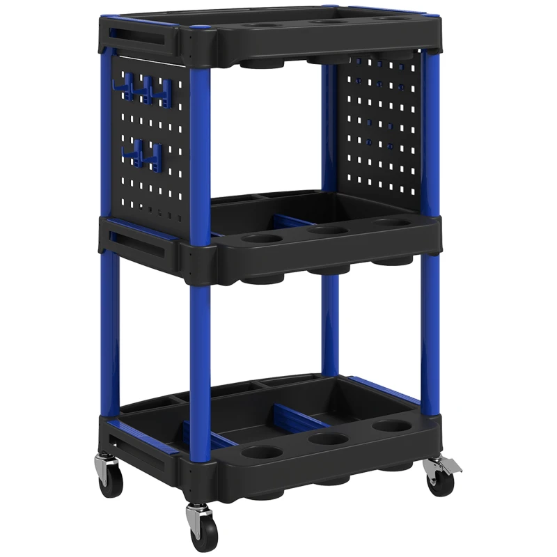 HOMCOM 3-Tier Rolling Tool Cart, 200 LBS Capacity Plastic Utility Cart with Side Shelves for Garage Workshop, Black & Dark Blue
