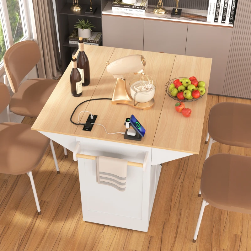 Kitchen Island with 2 Drop Leaves, 3 Drawers, Spice Rack, Power Outlet, Rolling Cart for Dining Room, Kitchen, 56" L x 33.5" W x 36.5" H, White