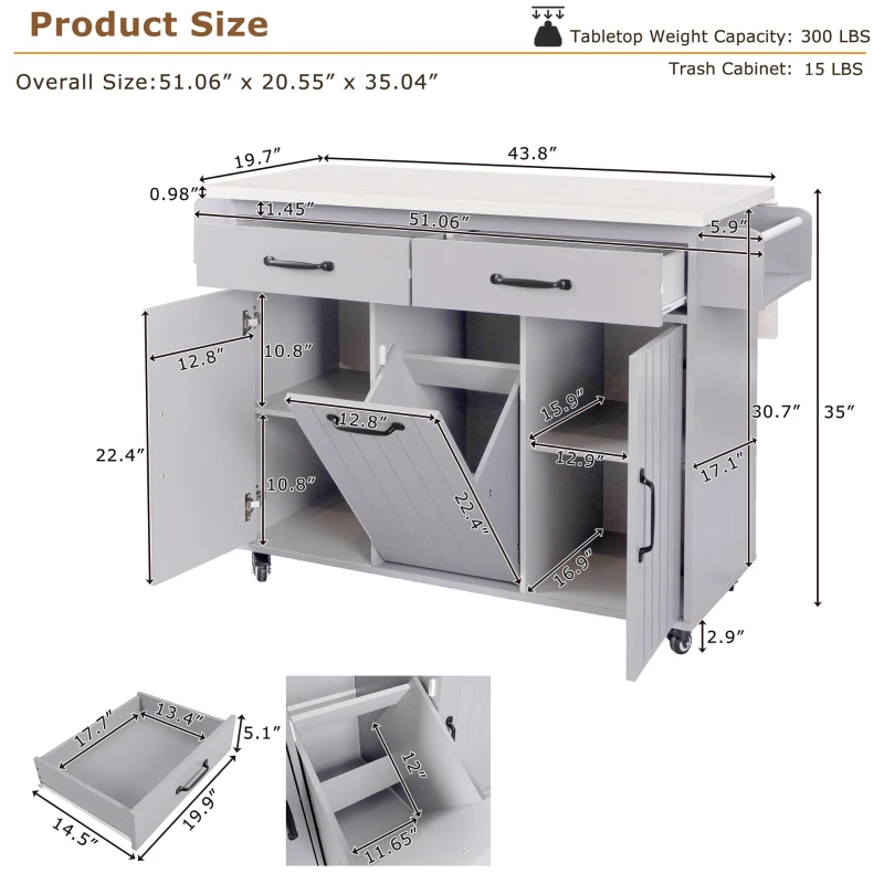 Kitchen Island with Trash Cabinet, Drawers and Shelves, Drop Leaf, Spice and Towel Rack, Rolling Cart for Kitchens, 51" L x 20" W x 35" H, Grey