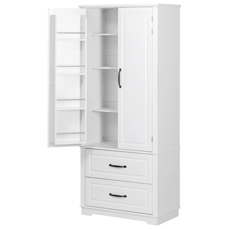 Pantry Cabinet with 2 Large Drawers, 8 Door Shelves, Embossed Texture, Farmhouse Style Kitchen Cupboard, 30.5" L x 16" W x 71" H, White