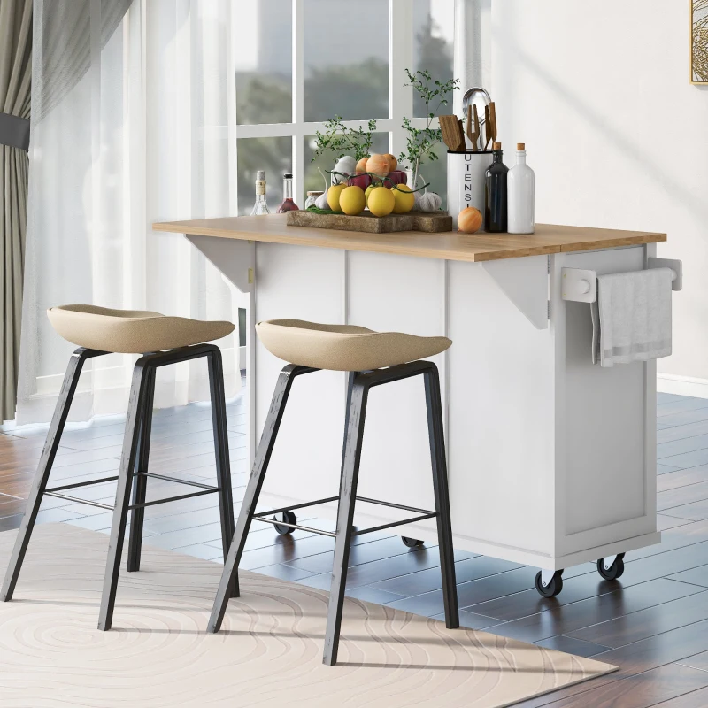 Kitchen Island with 3 Drawers, Rubber Wood Drop-Leaf Countertop, Adjustable Shelves, Rolling Cart for Kitchens, 53" L x 29.5" W x 37" H, White
