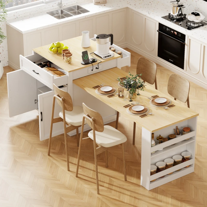 Kitchen Island with Extendable Dining Table, Power Outlet, Drawers and Shelves, Utility Island for Kitchen, 83" L x 27.5" W x 36" H, White+Natural