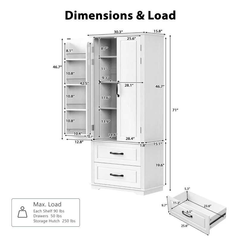 Pantry Cabinet with 2 Large Drawers, 8 Door Shelves, Embossed Texture, Farmhouse Style Kitchen Cupboard, 30.5" L x 16" W x 71" H, White