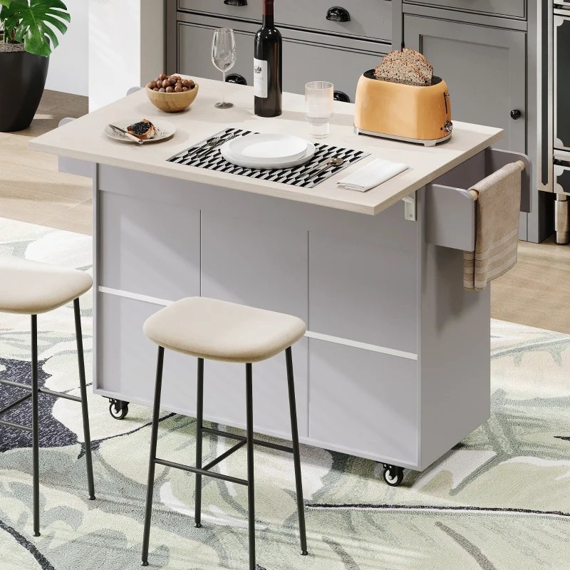Kitchen Island with Trash Cabinet, Drawers and Shelves, Drop Leaf, Spice and Towel Rack, Rolling Cart for Kitchens, 51" L x 20" W x 35" H, Grey