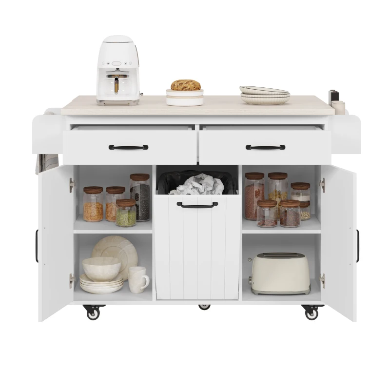 Rolling Cart with Tilt-Out Trash Cabinet, Spice and Towel Rack, Adjustable Shelf, Kitchen Island with Drop Leaf, 51" L x 20" W x 35" H, White