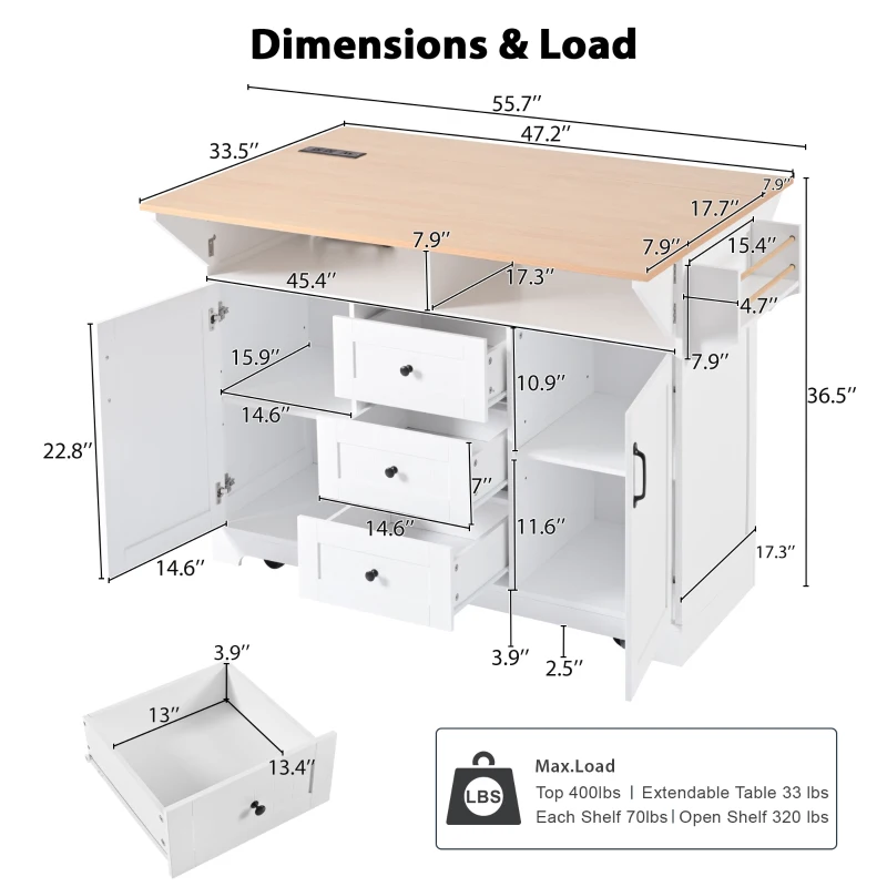 Kitchen Island with 2 Drop Leaves, 3 Drawers, Spice Rack, Power Outlet, Rolling Cart for Dining Room, Kitchen, 56" L x 33.5" W x 36.5" H, White