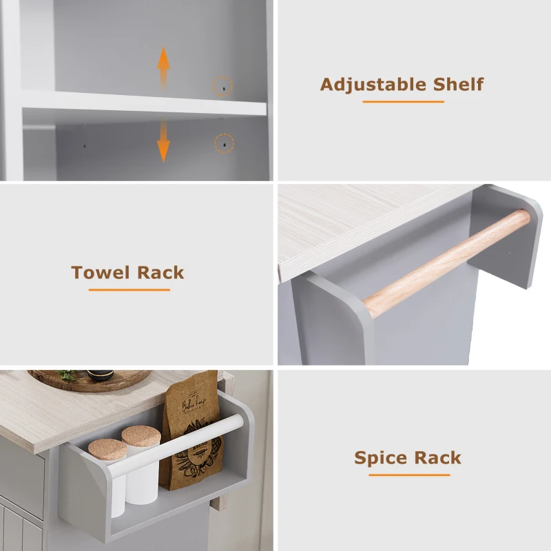 Kitchen Island with Trash Cabinet, Drawers and Shelves, Drop Leaf, Spice and Towel Rack, Rolling Cart for Kitchens, 51" L x 20" W x 35" H, Grey