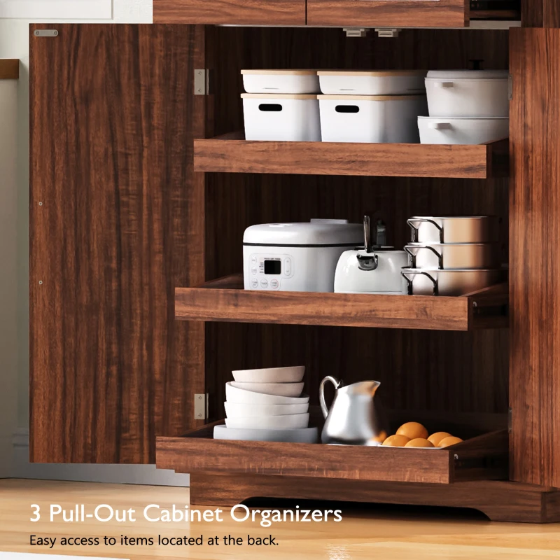 Pantry Cabinet with 6 Door Shelves, 3 Pull-Out Organizers, 2 Drawers, Kitchen Cupboard with Embossed Texture, 31.5" L x 16" W x 72" H, Brown