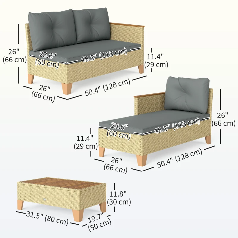 Outsunny 3 Piece Patio Furniture Set, L-Shaped Outdoor Furniture Conversation Set with Wood Top Coffee Table, Light Grey