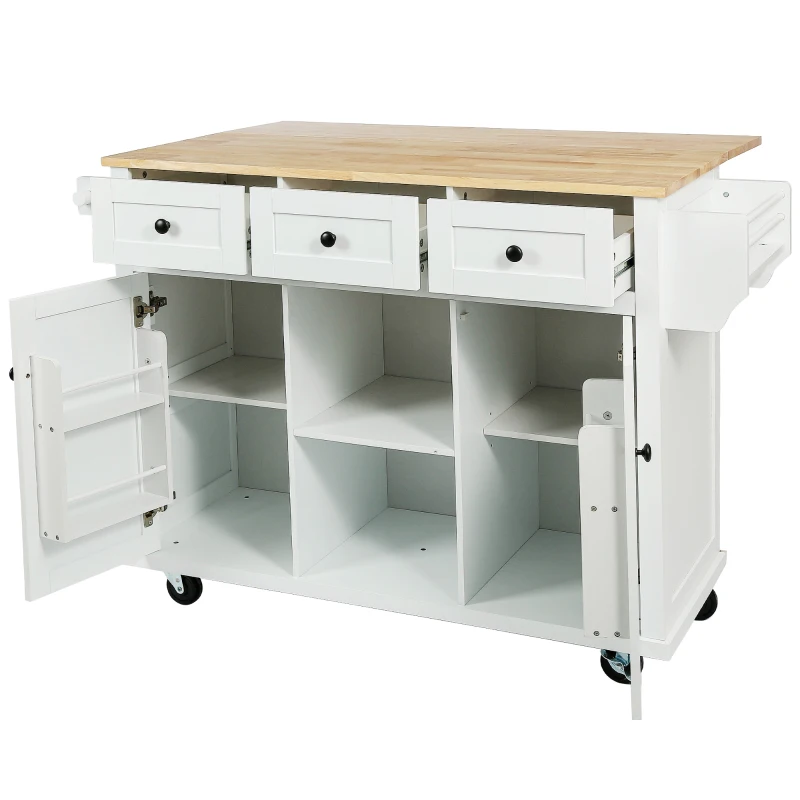 Kitchen Island with 3 Drawers, Rubber Wood Drop-Leaf Countertop, Adjustable Shelves, Rolling Cart for Kitchens, 53" L x 29.5" W x 37" H, White