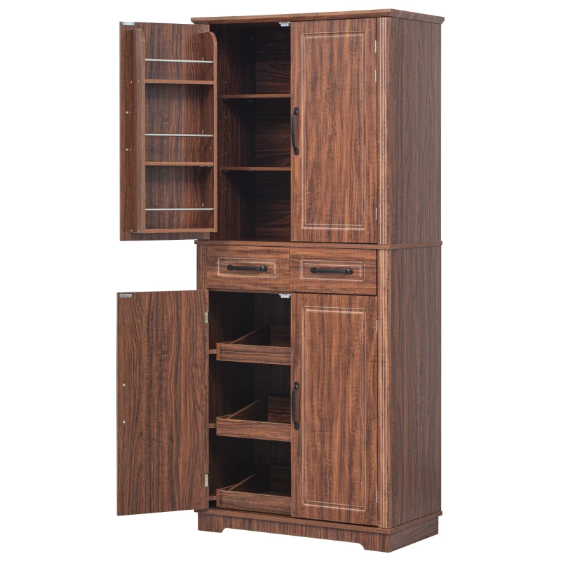 Pantry Cabinet with 6 Door Shelves, 3 Pull-Out Organizers, 2 Drawers, Kitchen Cupboard with Embossed Texture, 31.5" L x 16" W x 72" H, Brown