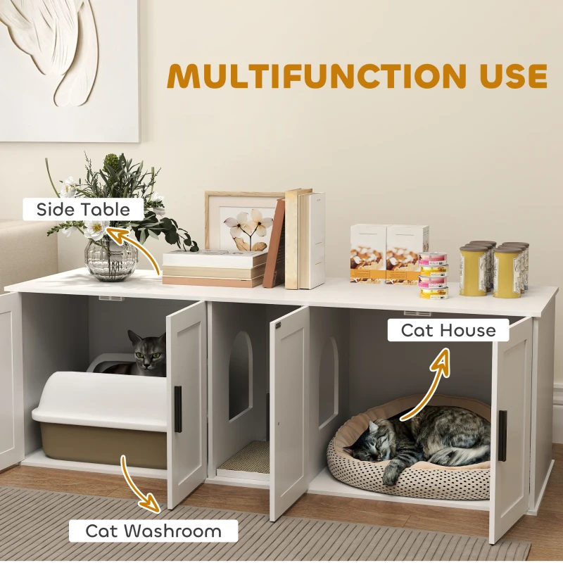 PawHut Cat Litter Box Enclosure with Double Room, Scratching Mat for 2 Cats, 57" x 19" x 20", White