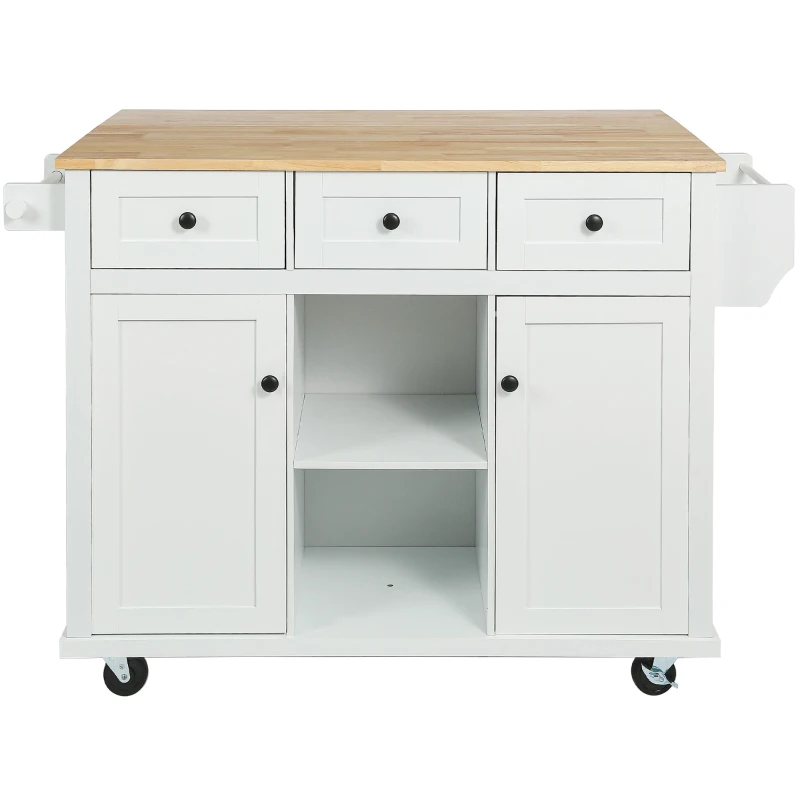 Kitchen Island with 3 Drawers, Rubber Wood Drop-Leaf Countertop, Adjustable Shelves, Rolling Cart for Kitchens, 53" L x 29.5" W x 37" H, White