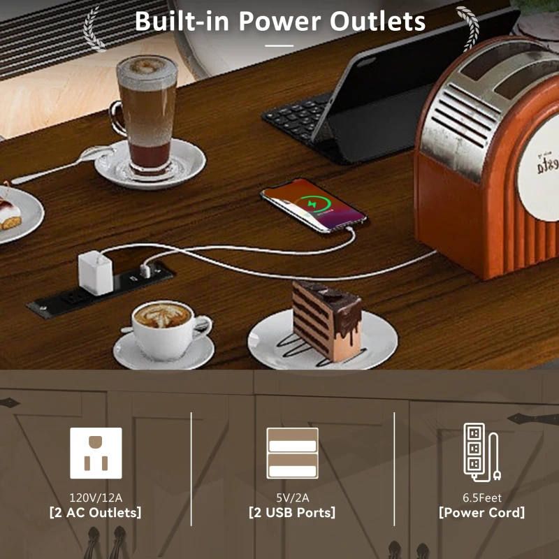 Farmhouse Style Kitchen Island with Power Outlet, Drop Leaf, Spice Rack, Rolling Car with Storage Drawers, 53.5" L x 29" W x 36.5" H, White